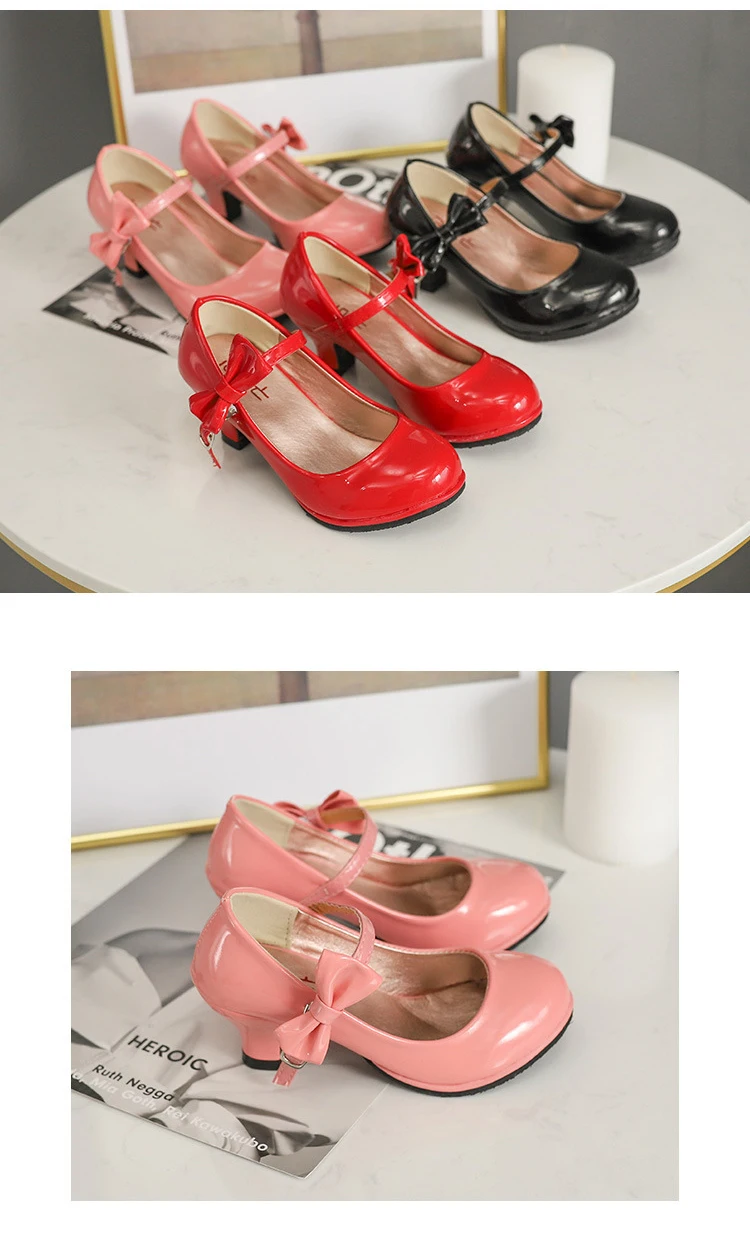 Кожаные туфли на высоком каблуке для девочек; цвет красный, черный; модельные туфли принцессы с бантом для танцев; Детские или Студенческие сандалии; туфли-лодочки; Размеры 26-35