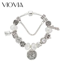 VIOVIA, Европейский замок любви, модный серебряный браслет с шармами, браслет для женщин, Хрустальный цветок, бусины, подходят для брендовых браслетов B17001