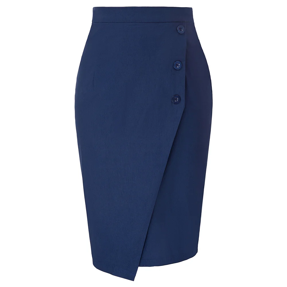 Женские юбки с высокой талией, офисные, деловые, рабочие, носить пуговицы, украшенные сзади, с разрезом, облегающая, винтажная, до колена, Однотонная юбка-карандаш, falda - Цвет: Navy Blue