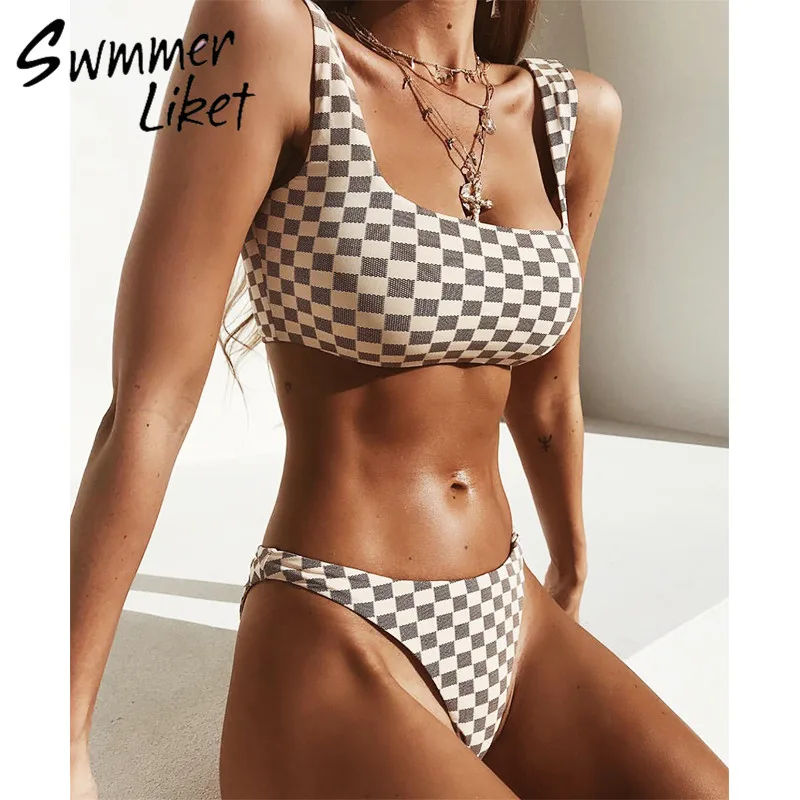 

Summer 2018 push up two-piece suit Sexy bandeau swimwear women tankini High cut checkered swimsuit micro bikini set bathing suit