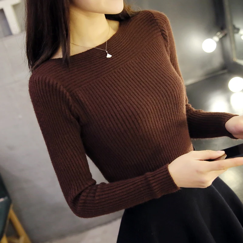 Осенне-зимний вязаный свитер женский пуловер с длинными рукавами Топы корейский Стиль Повседневный однотонный Слэш шеи тонкий базовый джемпер