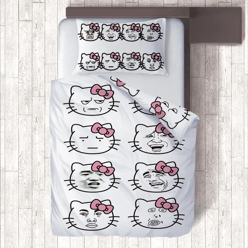 

Funny Network Hello Kitty Emoji Bedding Set,Kids Duvet Cover Pillowcase 2pcs Single Quilt Cover Set Children Bed Home Decor New