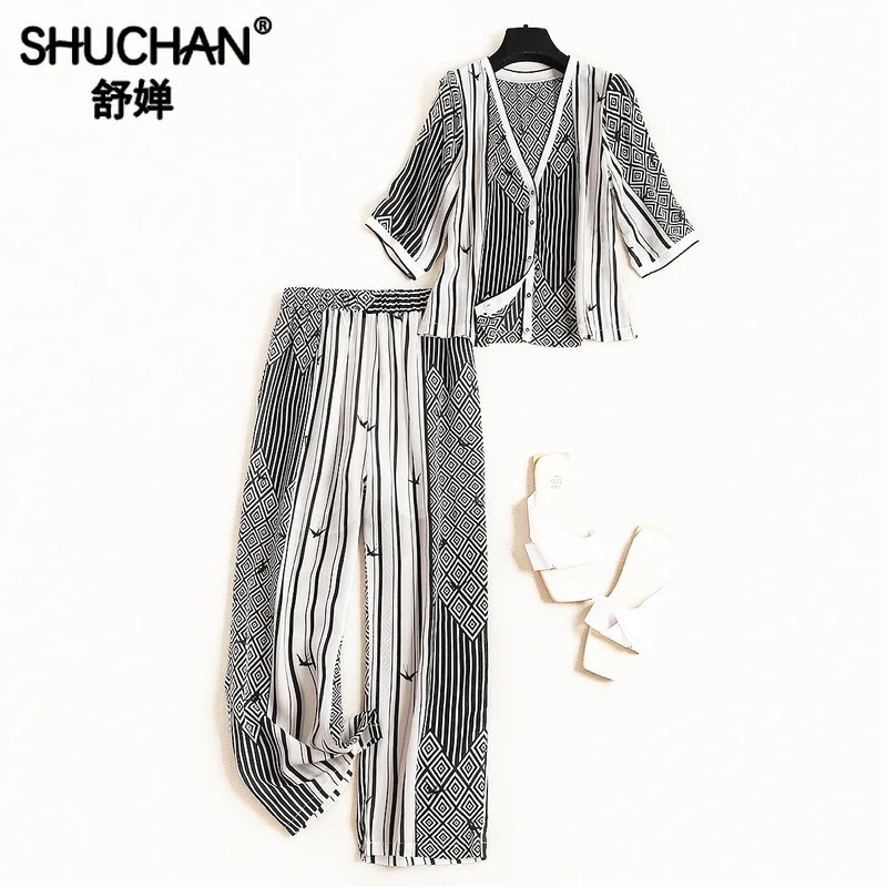 

Shuchan Natural Silk 2 Piece Sets Womens Outfits Print Summer Suit Female Cardigan+ Elastic Waist Pants To Ankle-Length 11281