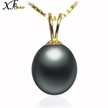 

XF800 18K Yellow Gold Pendant Necklace 9-10mm Black Natural Freshwater Pearl Jewelry Wedding Party Gift For Women Girl D227