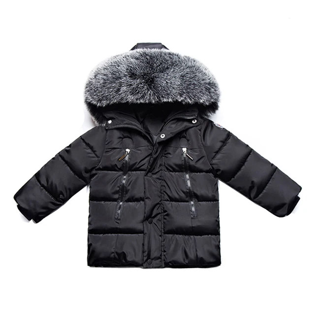 Kids Boys Faux Fur Collar Hooded Parkas Coat Cotton Padded Thicken Warm ...