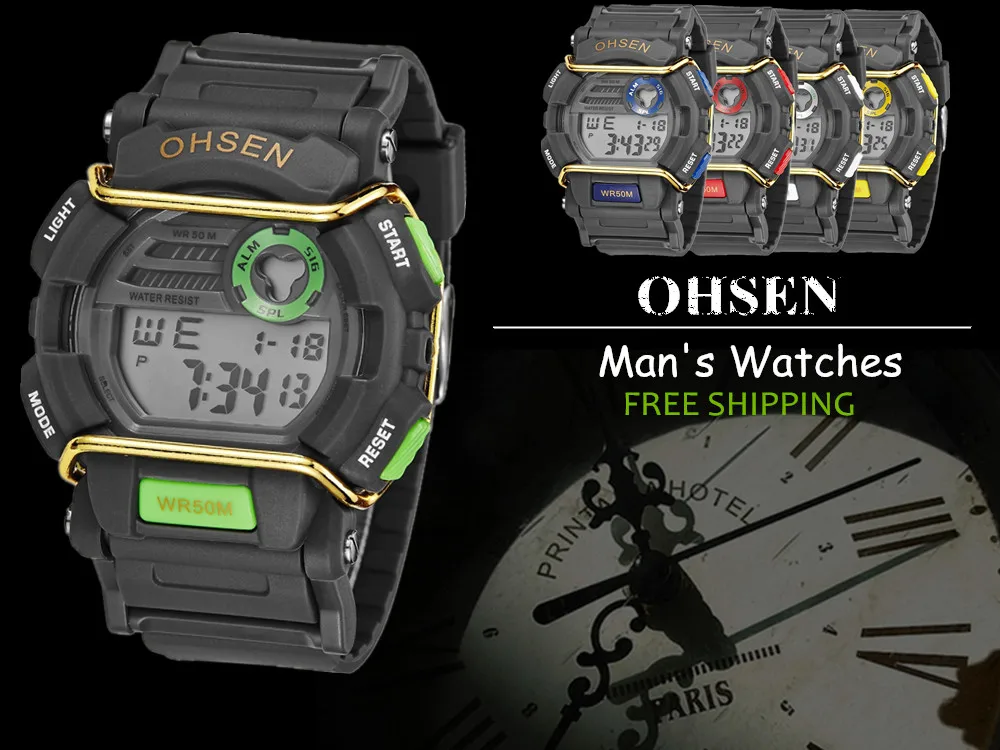OHSEN модные брендовые мужские цифровой ЖК-дисплей спортивные наручные часы зеленый Военная Униформа электронный хронограф мужской часы