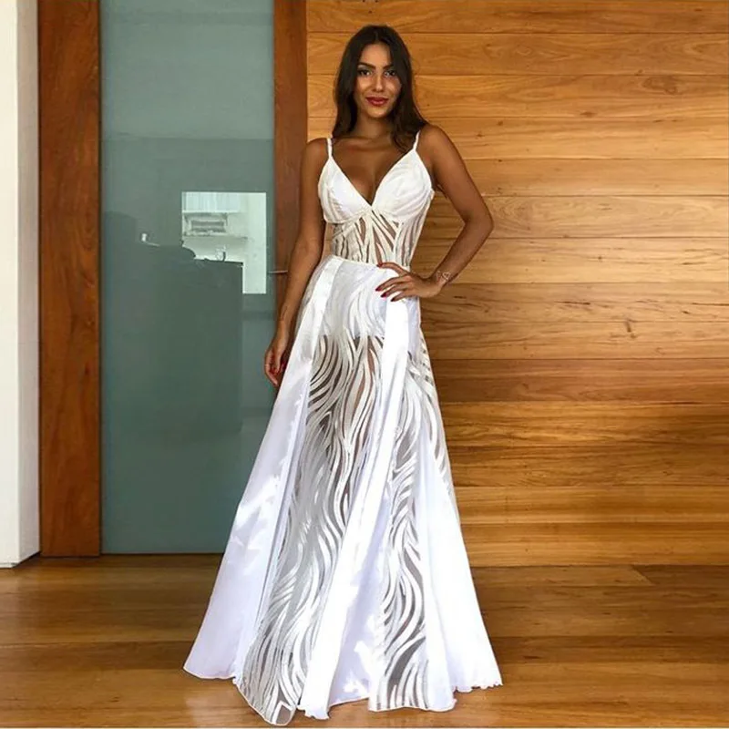 

white dress patchwork sexy transparent vestidos women clothing kleider clothes fashion suspender long dress elbise robe femme
