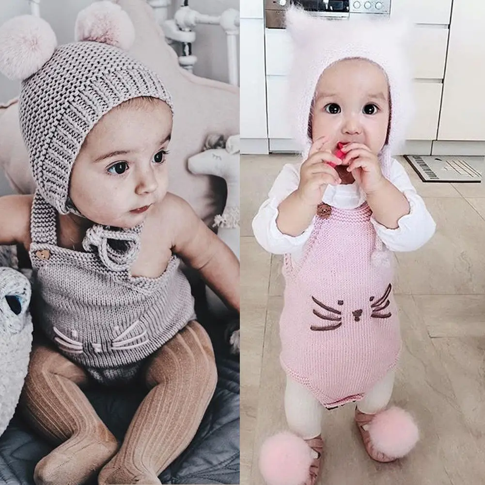 

0-18M Autumn Newborn Kdis Clothing Baby Girl Knit Sleeveless Cat cartoon Romper Elegant Cute Outfit Party Princess Clothes