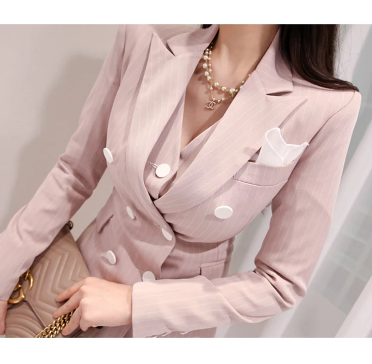 Костюм из трех предметов, розовые блейзеры,, корейский темперамент, двубортный, в полоску, тонкий, для работы, офиса, брюки, женский костюм