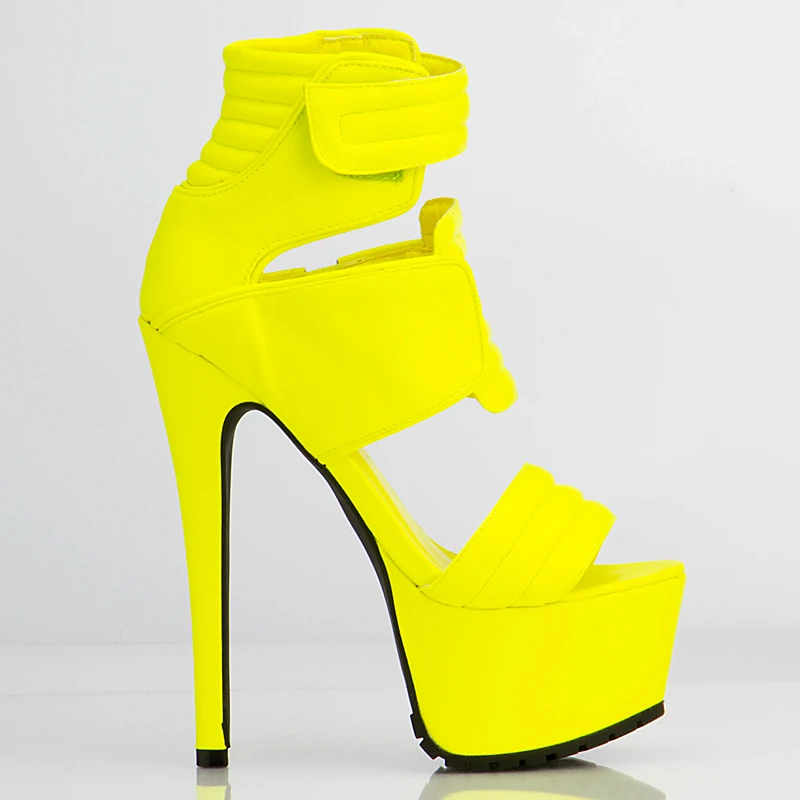 Bright Yellow Women Sandals Ankle Wrap Open Toe High Heels Stilettos Shoes Women 2016 Plus Size Handmade US10 Ladies Sandal