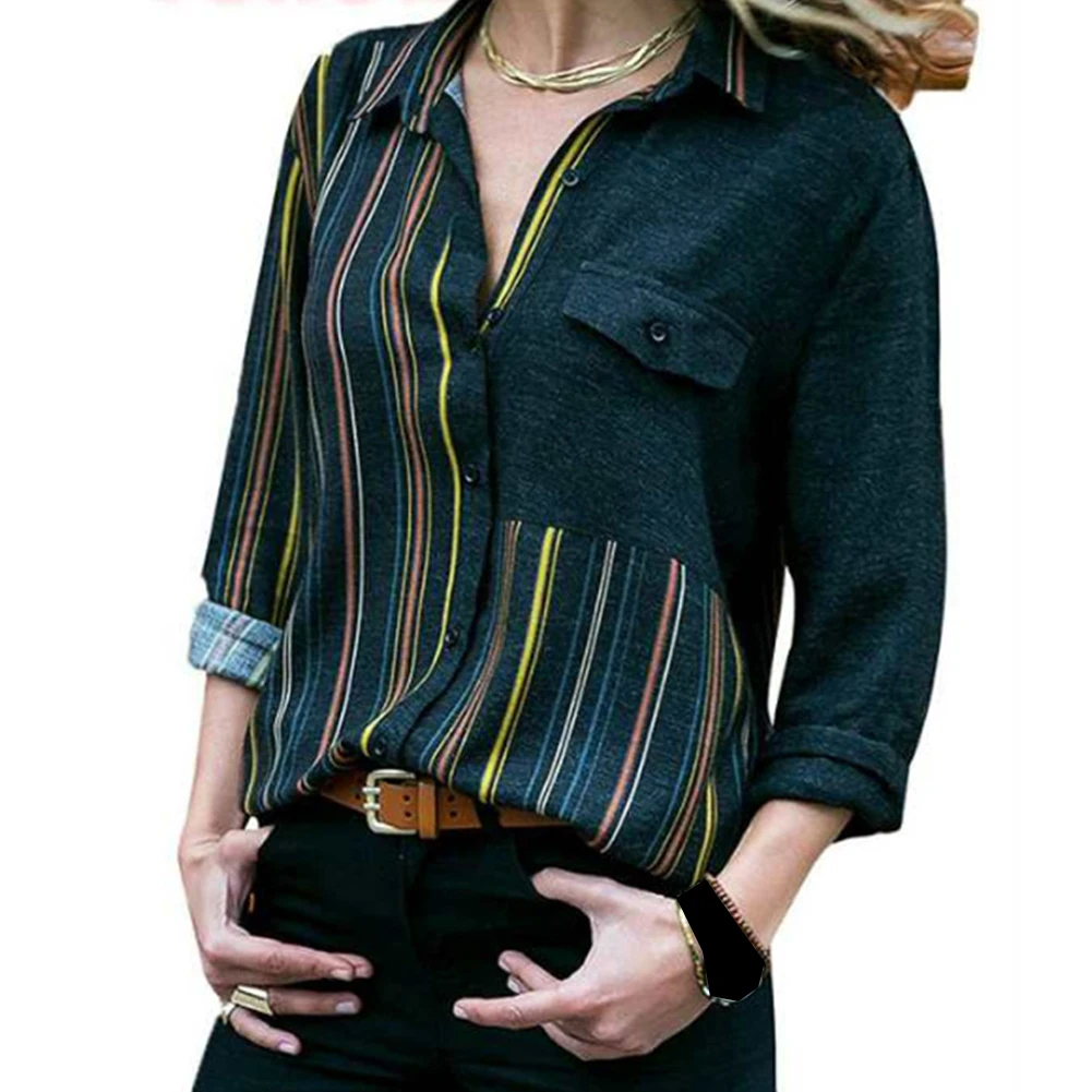 Autumn  Women Shirt Stripe Printed  Single Breasted Top Long Sleeve Daily Attractive Elegant Tops Fashion Office Lady Blouse