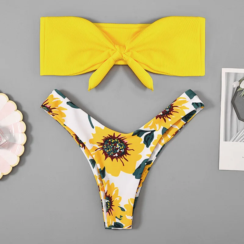 

Roseheart Summer Yellow Sexy Bikini Sets Women Swimsuit Bikini Strapless Swimwear Low Waist Bathing Suit Female Biquini Print