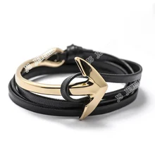 2016 New Arrival Fashion Multilayer Leather Bracelet Men Gold Half Bend Anchor Bracelet Women Men Friendship Bracelets