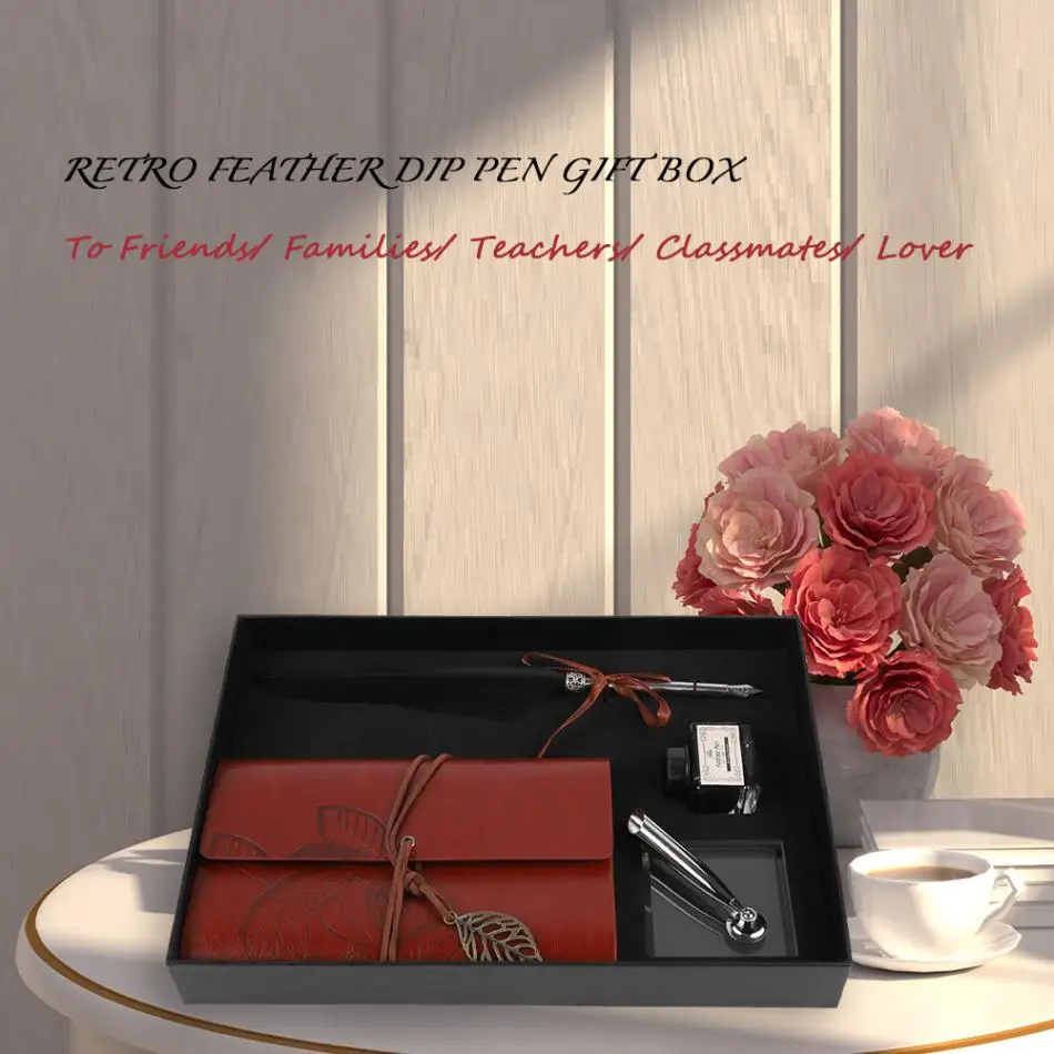 

Retro Leather Notebook with Fountain Pen Feather Dip Pen Ink Bottle Set Stationery Gift Box Black White Pen for Birthday Xmas