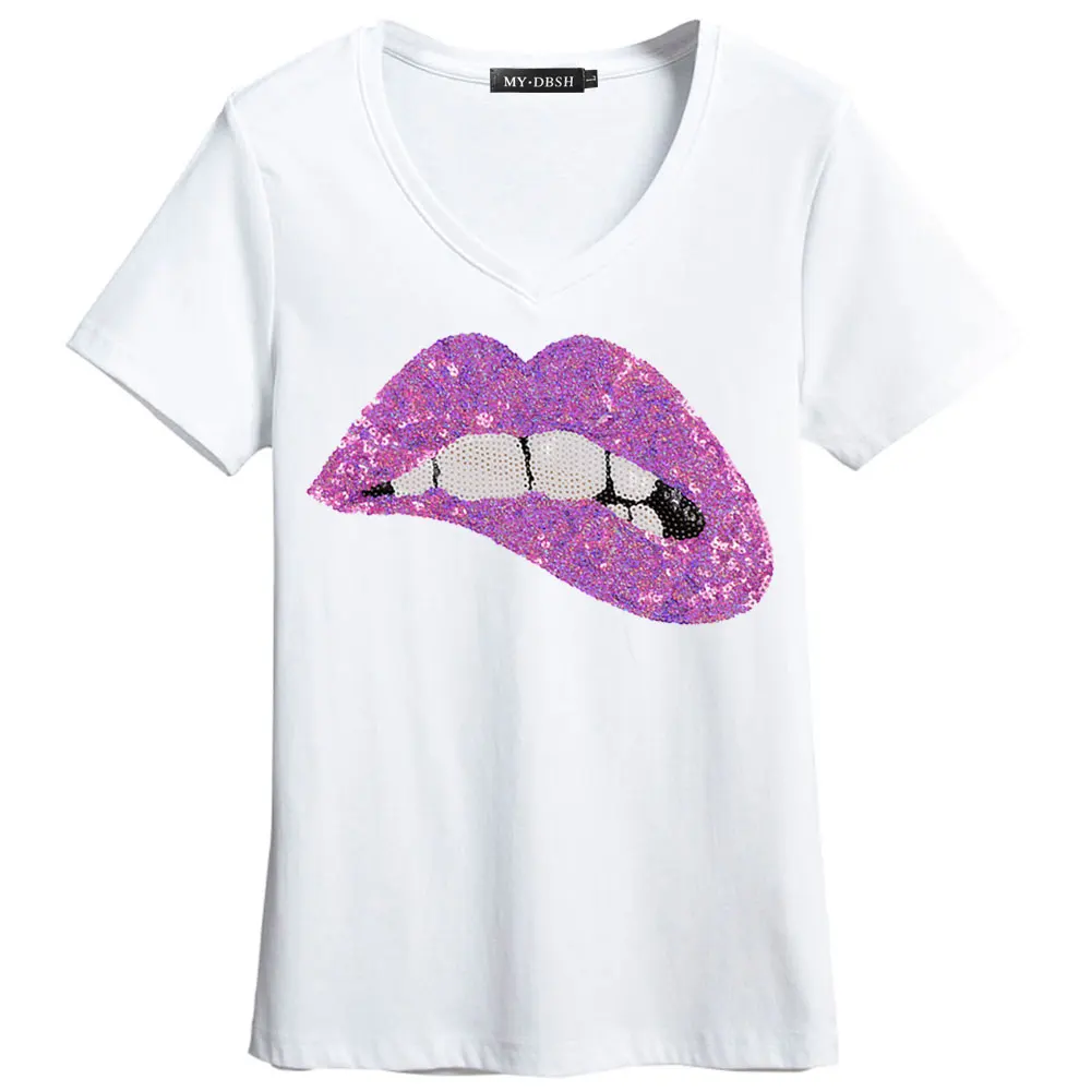Для женщин летние женские Футболки модные, пикантные блестки вышивка губ футболка Повседневное хлопок короткий рукав бренд футболка c круглым вырезом - Цвет: V-WhitePink