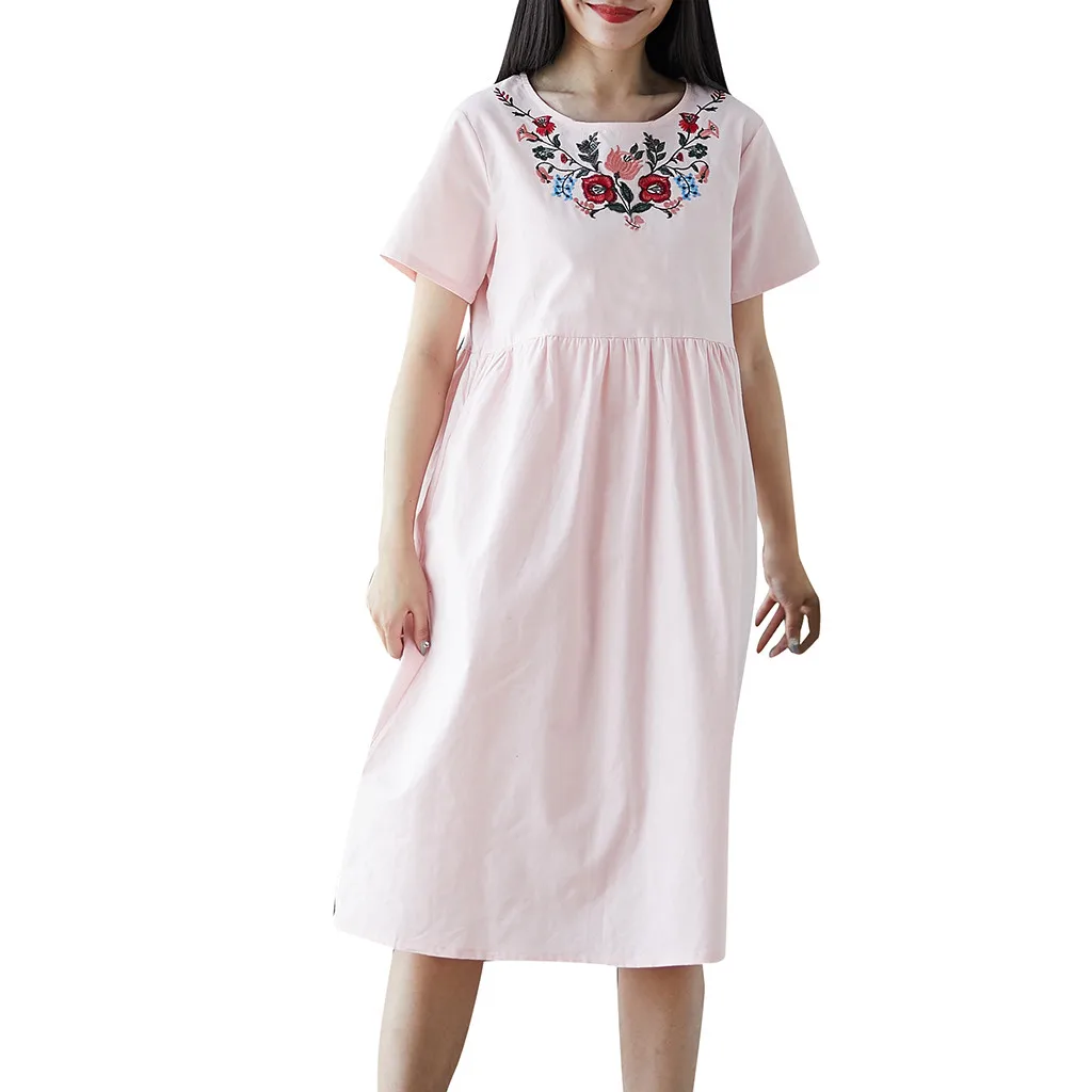 

2019 Summer Women's Vintage cotton and linen Print Short Sleeve Ladies Casual Knee Dress 4.19