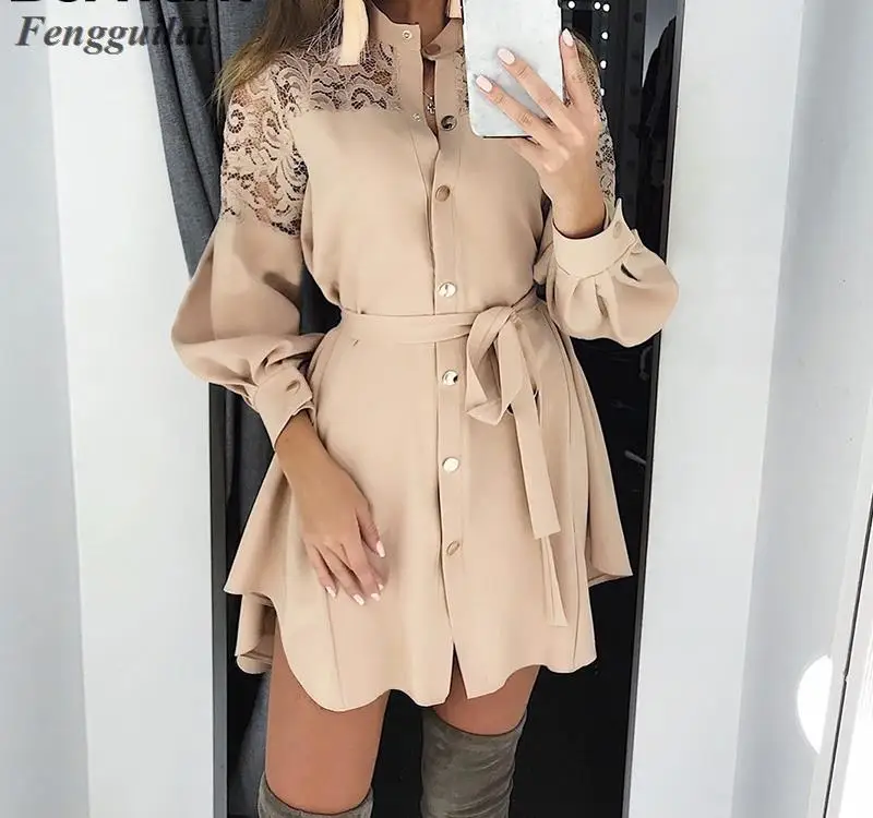

A-line elegant lace women summer dress Embroidery long sleeve button office ladies dresses High waist sashes mini dress