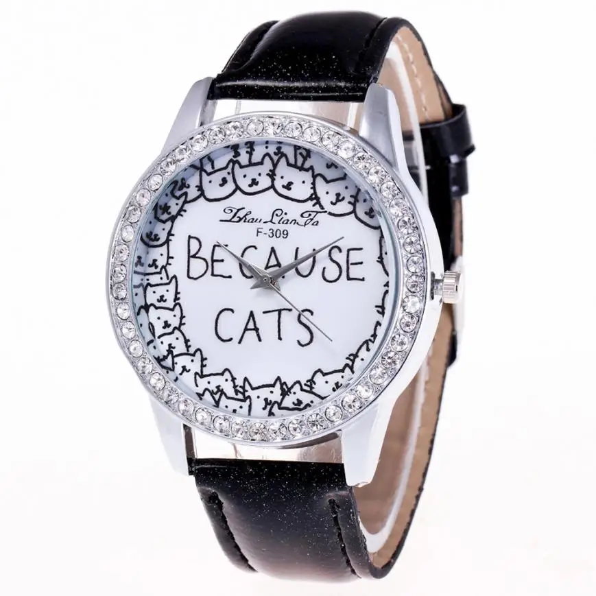 

Hot Sale Women Dress Cats Printing Fashion Watches Women Girl Analog Quartz Watch Leather Band Rhinestone Wrist Watch Bracelet