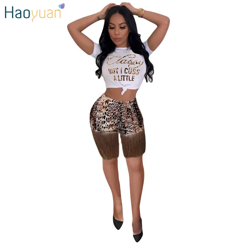 

HAOYUAN Two Piece Set Letter Print Crop Top And Leopard Tassel Shorts Suit Sexy Matching Sets 2 Pieces Night Club Outfits Womens
