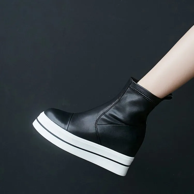 D'hiver Hauteur Chaussons Bottes Véritable Mode Cheville forme {zorssar} Croissante Femme Cuir Courtes Plate Wedge Femmes En Talons Noir aPawfC0q