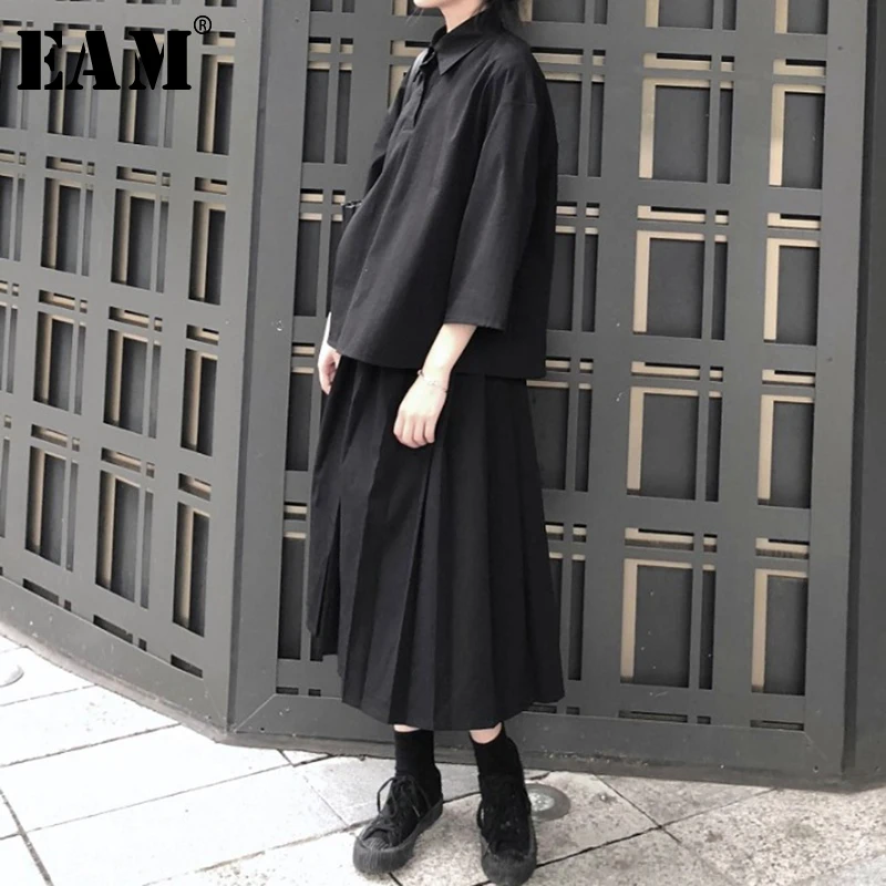 

[EAM] 2019 New Spring Summer Three Quarter Sleeve High Waist Pleated Half-body Skirt Two Piece Suit Women Fashion Tide JX298