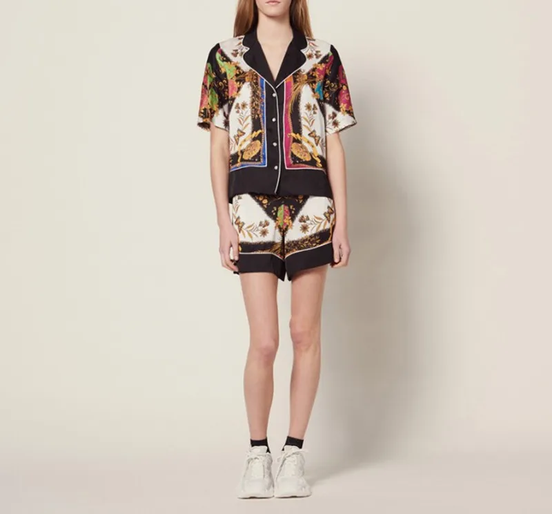 

2019 New Women Flower Print Short Sleeve Blouse Top and Shorts Set