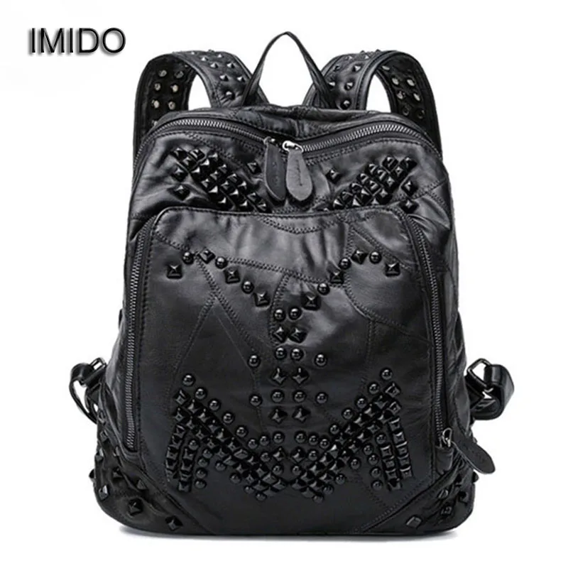 IMIDO Brand Designer Backpack Women Genuine Leather Bag for Girl Schoolbag Black Sheepskin Fashion Rivet mochila