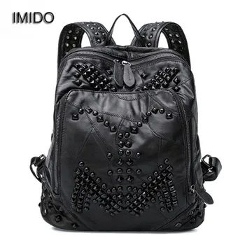 

IMIDO Brand Designer Backpack Women Genuine Leather Bag for Girl Schoolbag Black Sheepskin Fashion Rivet mochila feminina SLD051