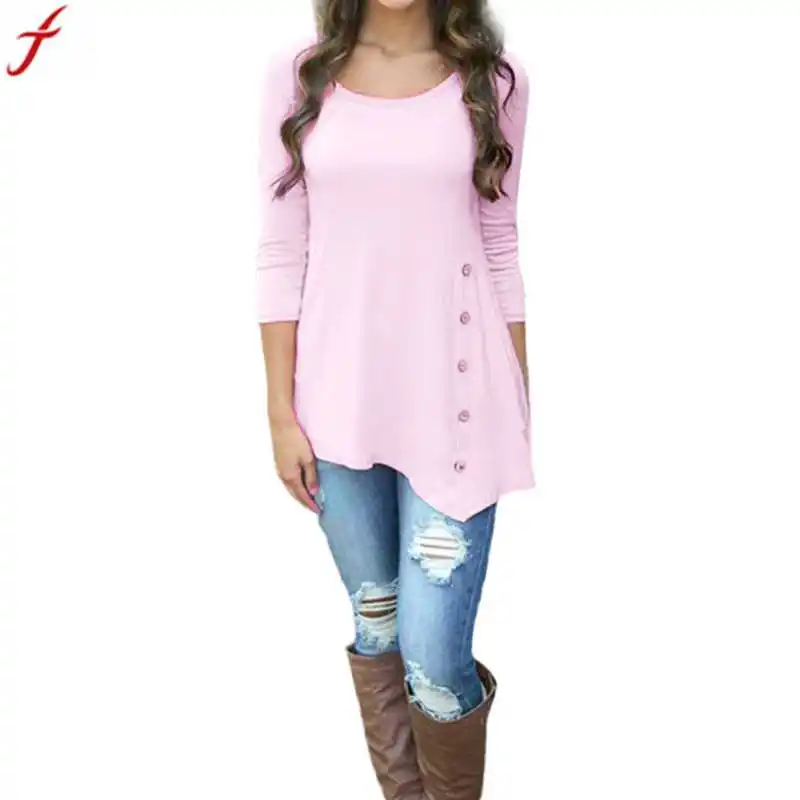 

Summer Spring t-shirt Women 2019 Long Sleeve Loose Button Trim Shirt solid O Neck Tunic TShirt Casual Plus Size 6XL Female Tops#