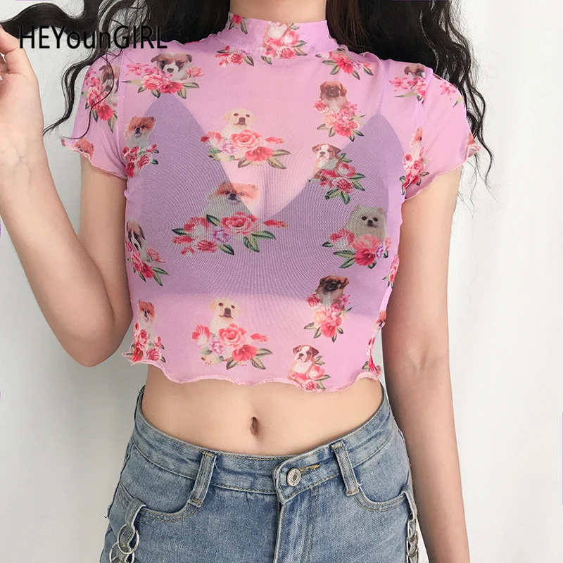 HEYounGIRL/прозрачный сетчатый укороченный Топ для женщин, Прозрачная Сексуальная футболка, женская футболка с коротким рукавом, с принтом собаки, кошки, летняя футболка