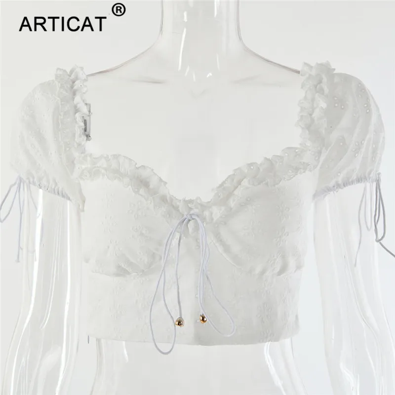 Женский топ с оборками Articat, короткий топ с кружевами, открытыми плечами и спиной, однотонный белый топик с глубоким вырезом, летний топ
