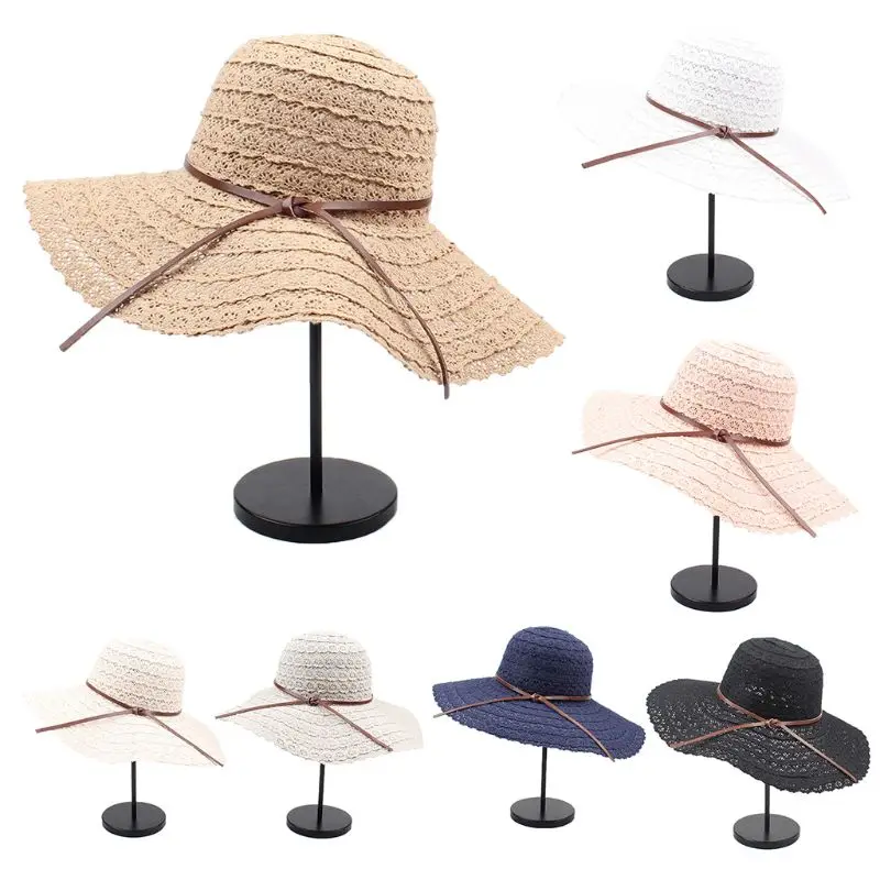

Women Summer Beach Foldable Floppy Beach Sun Hat Wide Brim Packable Solid Color Faux Leather Bowknot Weave Lace Bucket Cap