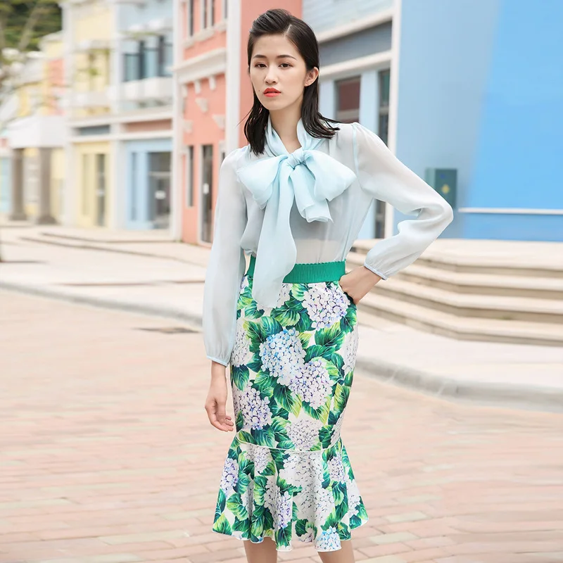 

Customized New Autumn Womens Two Piece Clothes Set Elegant Long Sleeve Bow Neck Shirt and Print Mermaid Runway Skirt Set Suit