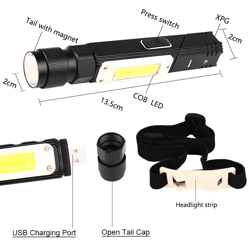 USB Перезаряжаемый Тактический светильник-вспышка на магните 90 градусов вращающийся зажим водонепроницаемый головной светильник COB рабочий светильник ручной фонарь с ремешком