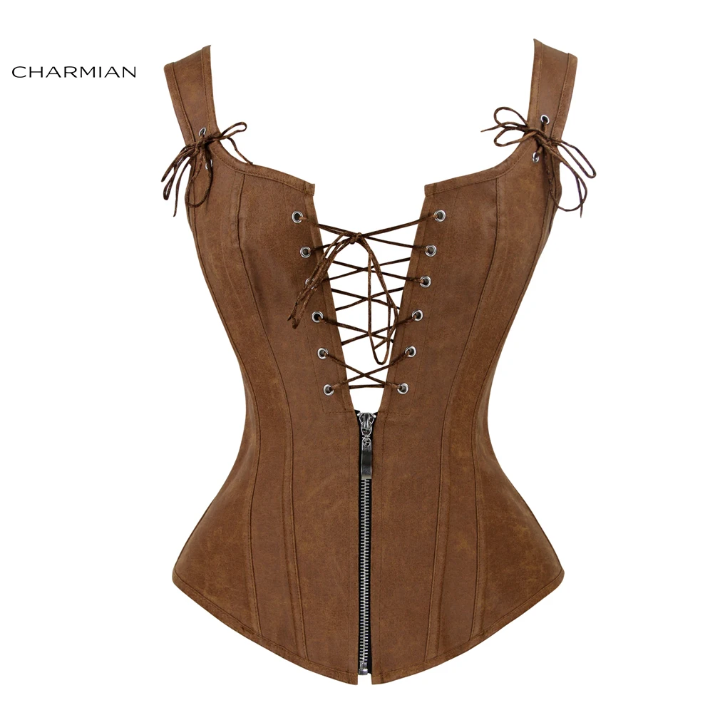 

Charmian Faux Leather Corset Sexy Brown Zipper Steampunk Corset Overbust Lace Up Back Vest Corset Corselet Espartilhos for Women