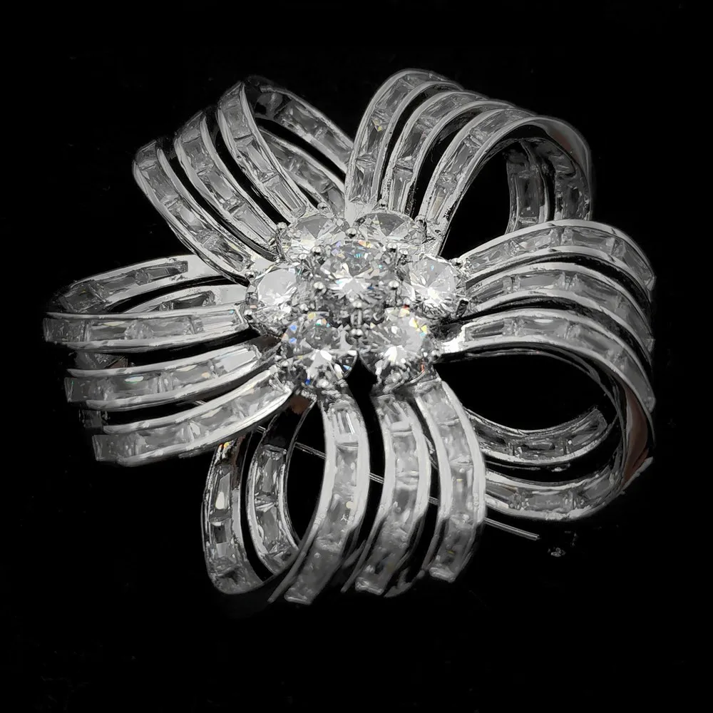 Edwardian, винтажные, бесцветные, бант, лента, форма, цветок, броши, серебряный тон, багет, огранка, CZ, пять лепестков, цветок, булавка, свадебный аксессуар