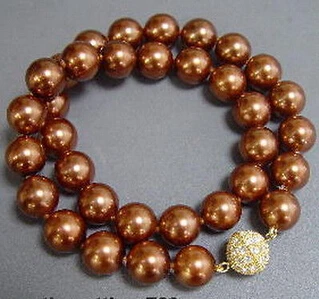 

FREE SHIPPINGPretty 12mm Chocolate Brown Shell Pearl 18KGP Crystal Ball Clasp Necklace