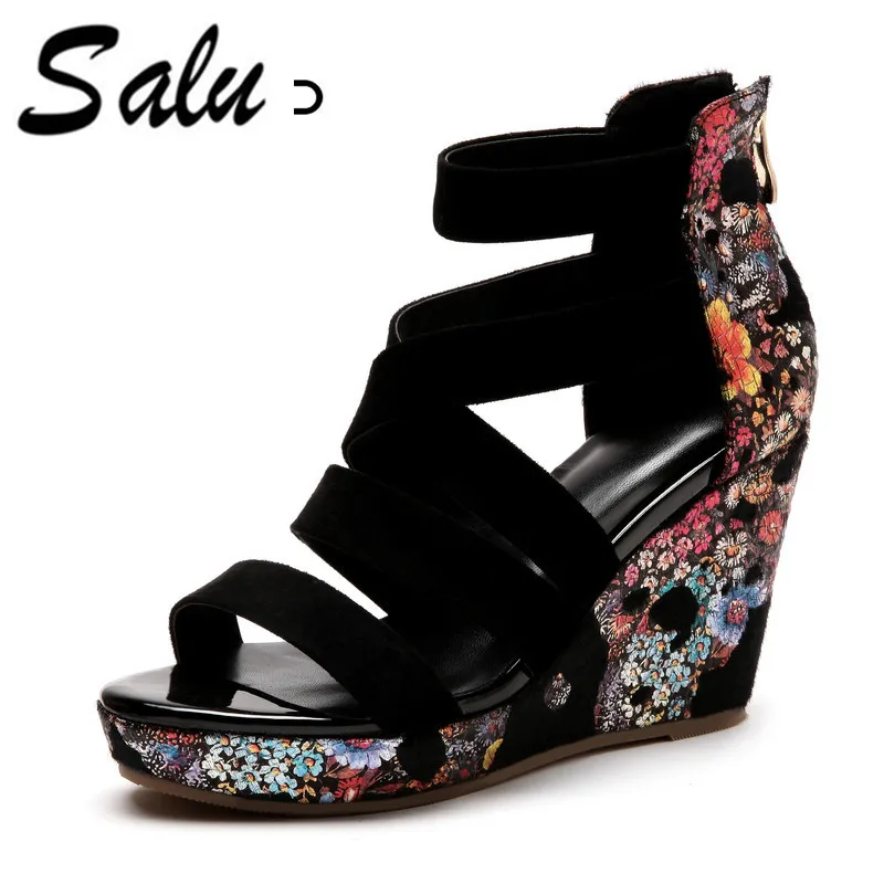 

Salu top quality denim upper embroidery dropship platform blue summer shoes sandals women fashion ankle strap party sandal
