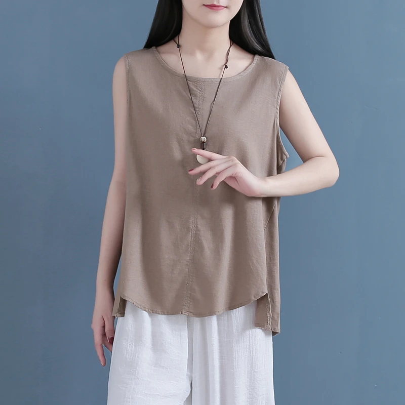 

Women Ramie T shirt 2019 Summer Print Floral Thin Big Size Sleeveless O neck Solid Color Loose Women Tops YoYiKamomo
