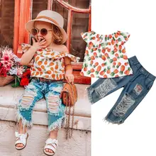 Комплект одежды для девочек, летняя рубашка с изображением ананаса и джинсы с дырками комплект одежды из 2 предметов для маленьких детей, милые комплекты, стиль