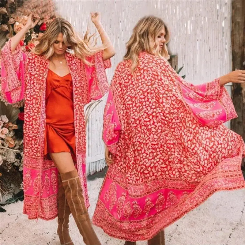 

Women's Chiffon Blouse Floral Flowy Kimono Cardigan Long Bikini Cover Up Loose Beachwear Dress