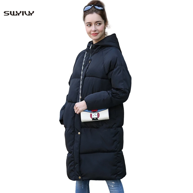 

SWYIVY Winter New Long Parkas Womens 2019 Female Coat Hoodie Thick Feminine Coats Casual Solid Color Warm Jacket Coat Large Size