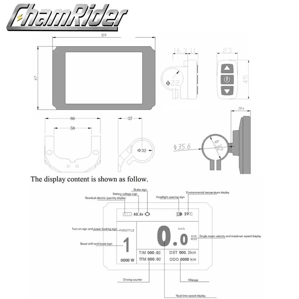 Chamrider ebike Display Meter Control Panel 24V 36V 48V intelligent KT LCD8 LCD8H LCD8HU Julet Waterproof plug USB Charger