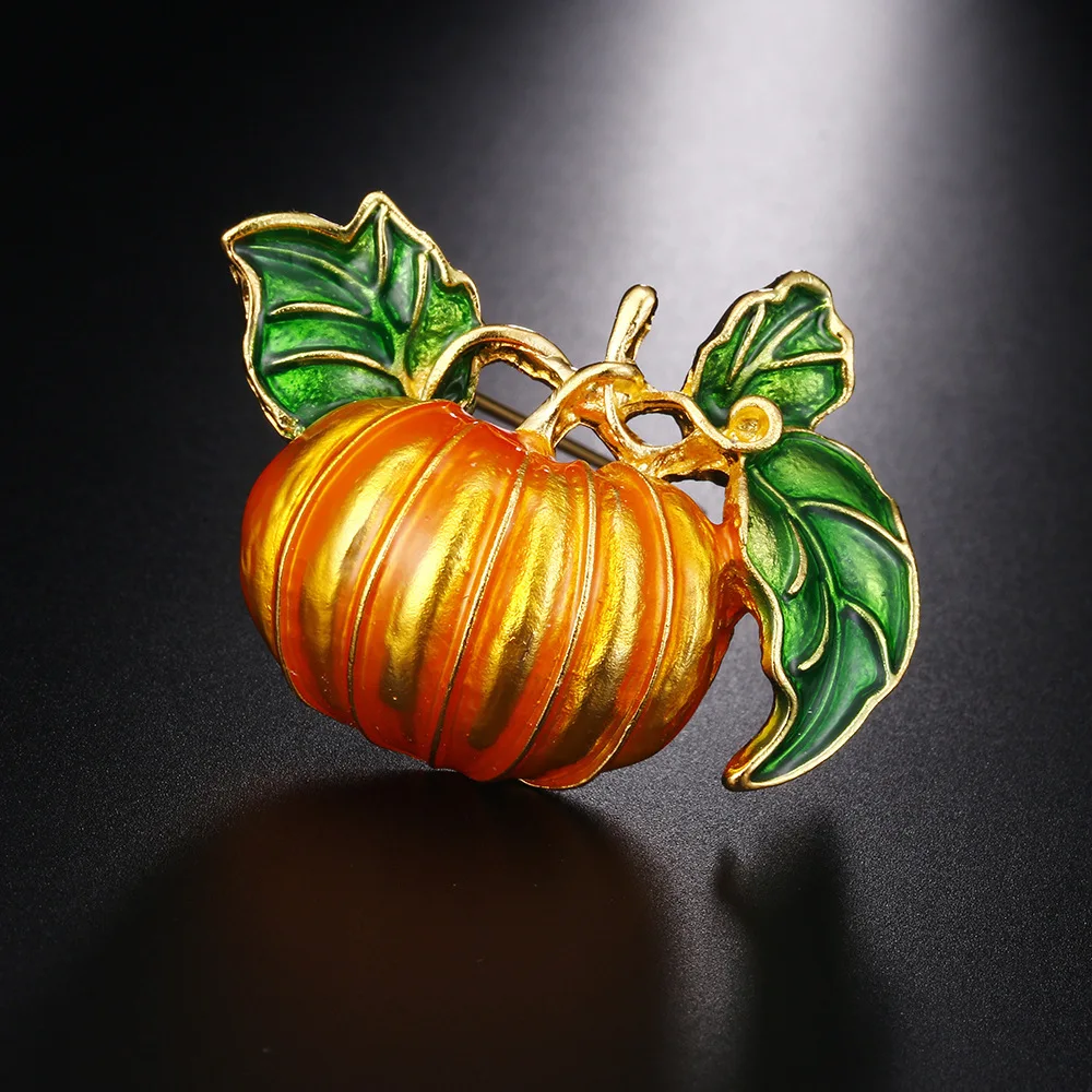 Enamel Halloween Green Leaves Orange Pumpkin Brooch Pins Jewelry Gift For Women