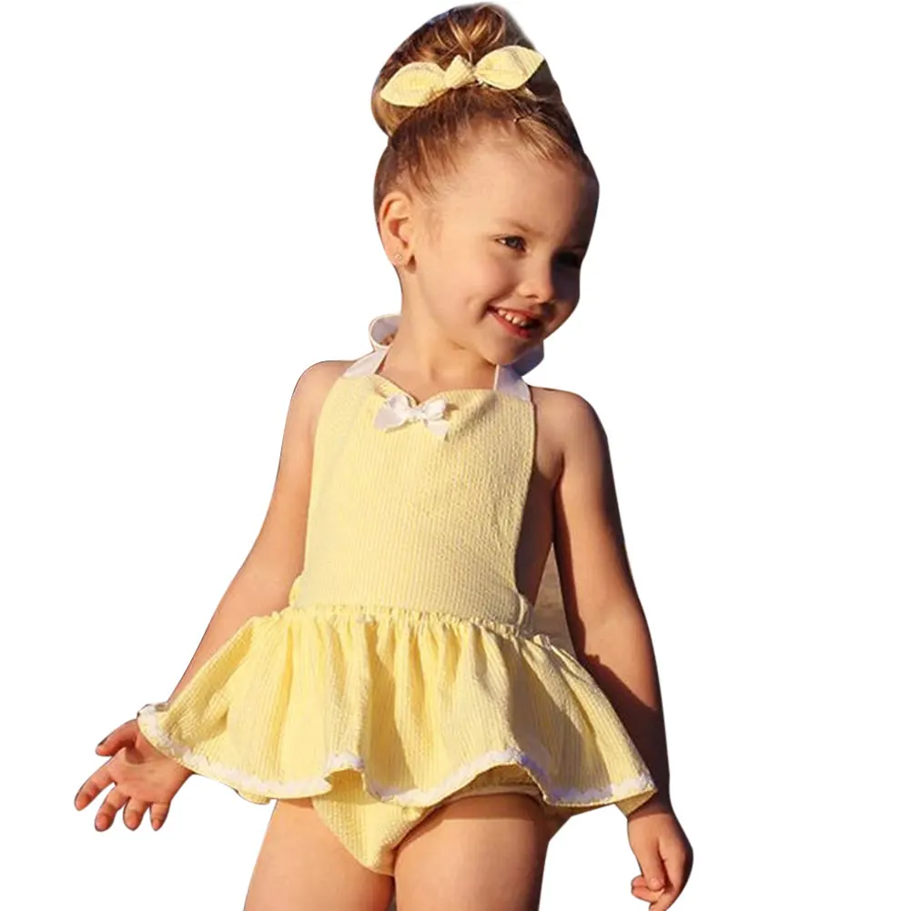 

Baby Girls Floral Halter Belt Romper Dress Jumpsuit Playsuit Outfit Clothes With Butterfly-knot headband Children Seaside Suit