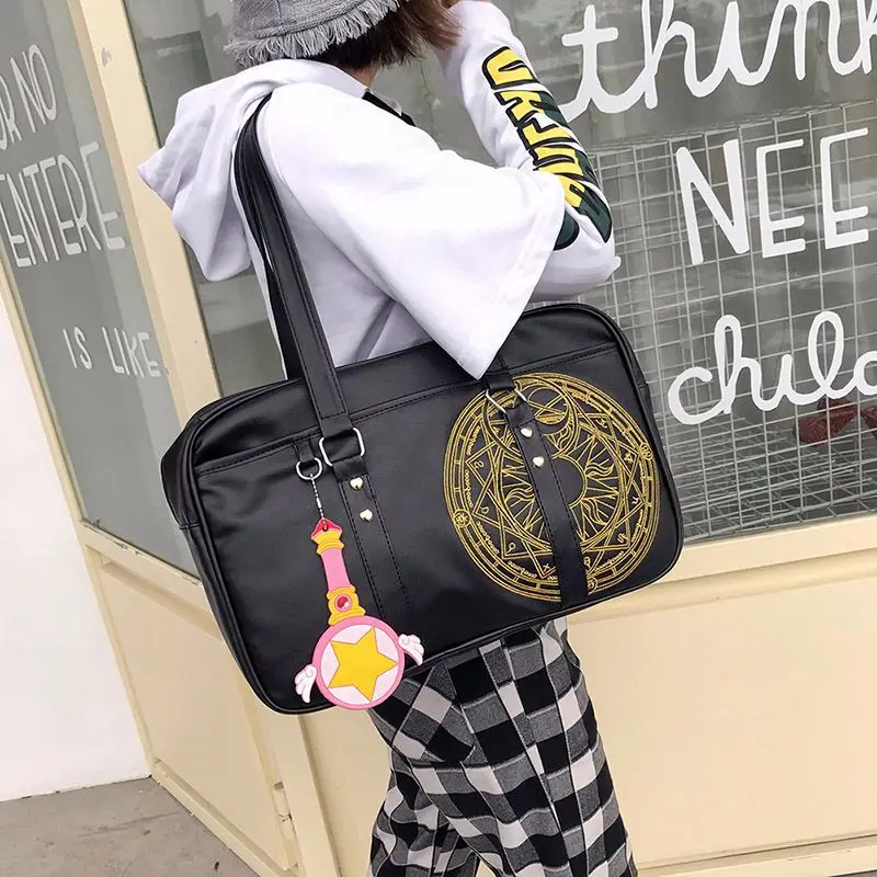 

Card Captor Japanese School EMBROIDER Handbags Uniform Bag Teenagers Unisex Shoulder Bags Messenger PU Leather bag