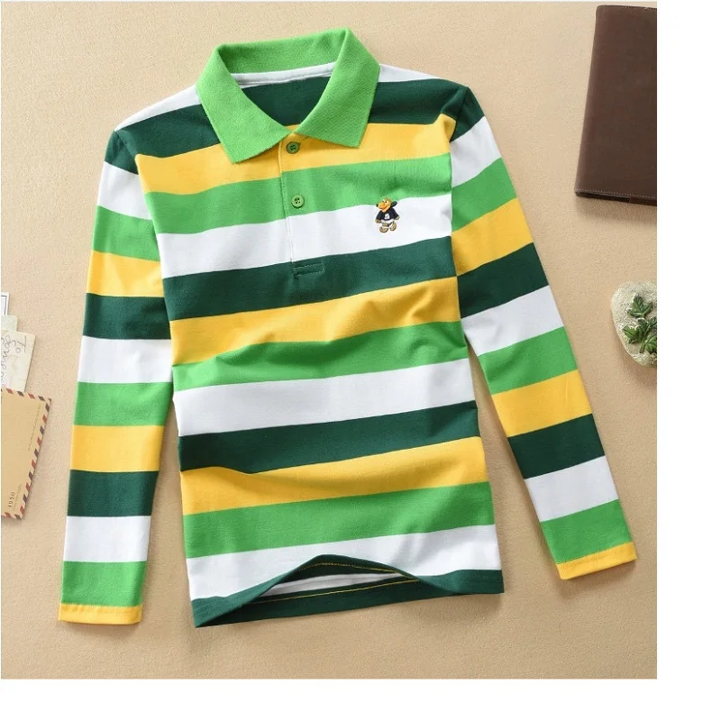 High quality 4-12 years old boy polo shirt long sleeve shirt lapel round neck striped solid color cotton T-shirt