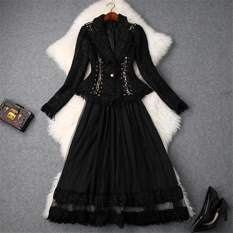 

High Quality Designer Winter 2Piece Suit Set Women Notched Collar Long Sleeve Rivet Tweed Woolen Jacket and Tulle Skirt Sets