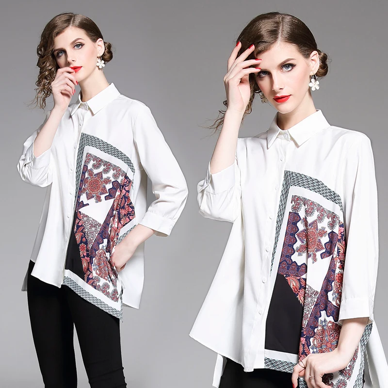 

Women Shirts Print Full Sleeve Slim Turn-down Collar Blouse Shirt White 1645