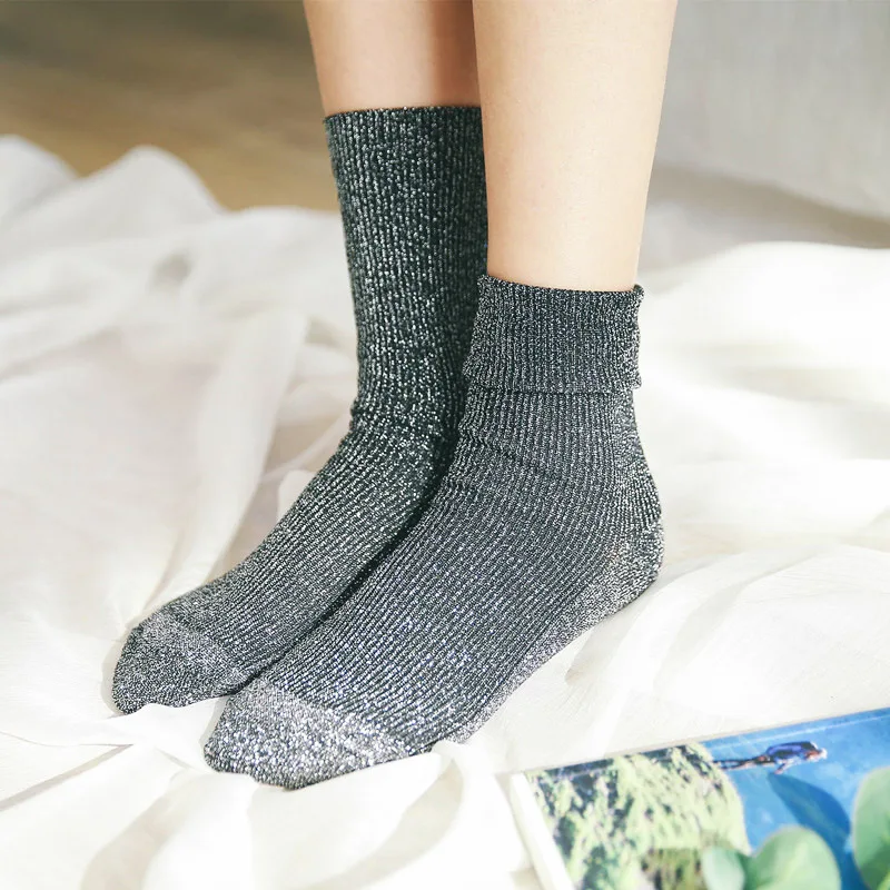 Утолщенные высококачественные длинные теплые блестящие носки из хлопка; 4 цвета; удобные носки с люрексом для девочек; 1 пара; модные Универсальные женские носки
